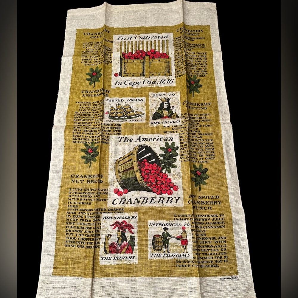 Retro Linen kitchen towel Pilgrim Thanksgiving motif 100%Linen